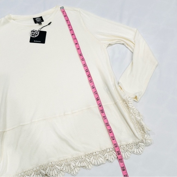 NWT Bobeau Cream Lace Trim Slit Hem Long Sleeve Top - Picture 6 of 7